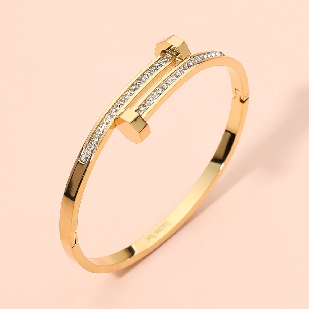 Gold Stainless Steel CZ Rhinestone Crystal Nail Head Tip Cuff Bracelet Bangle